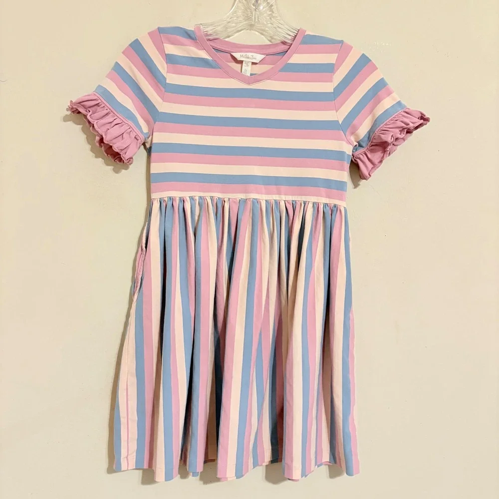 Matilda Jane Girls Emery Pink Blue Striped Ruffle Sleeve Dress Size 10 32005D
